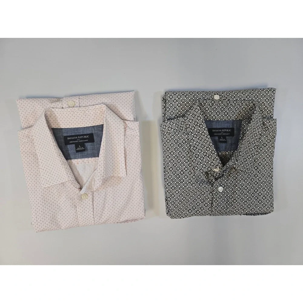 Banana‎ Republic Mens Slim Fit Stretch S/S Button Down Shirt 2 Pack Geometric L